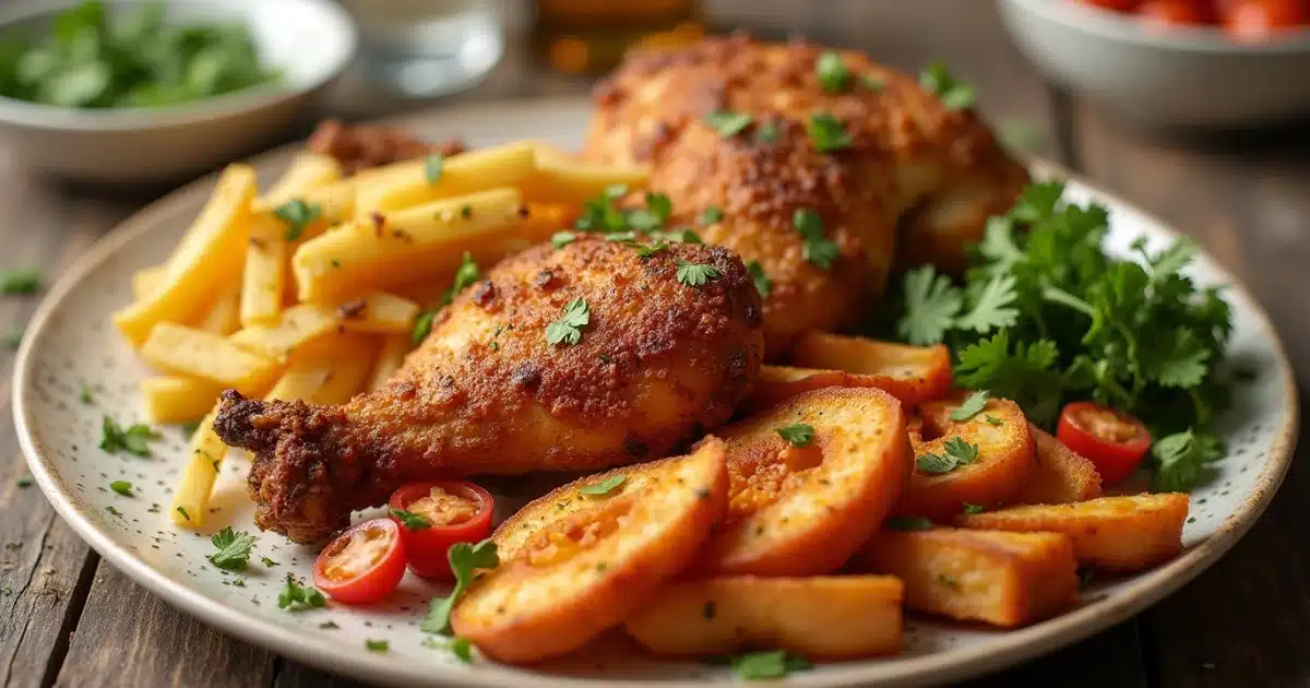 Golden-brown fried chicken served on a plate with a side of coleslaw and cornbread