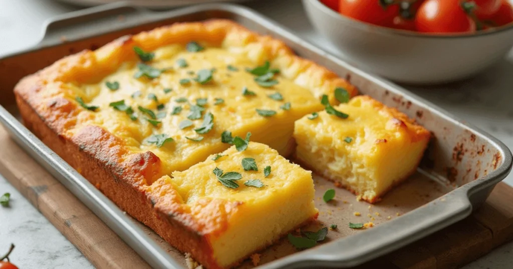 A golden-brown kefir sheet cake garnished with fresh parsley and chili flakes