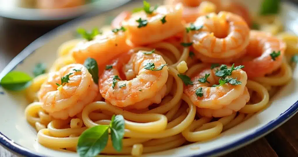 Close-up of Shrimp Scampi Pasta in a creamy garlic butter sauce, topped with fresh parsley and red pepper flakes, served with spaghetti on a white plat