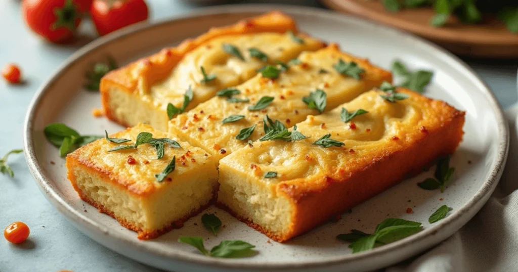 A golden-brown kefir sheet cake garnished with fresh parsley and chili flakes, served on a white plate, surrounded by tomatoes and fresh herbs