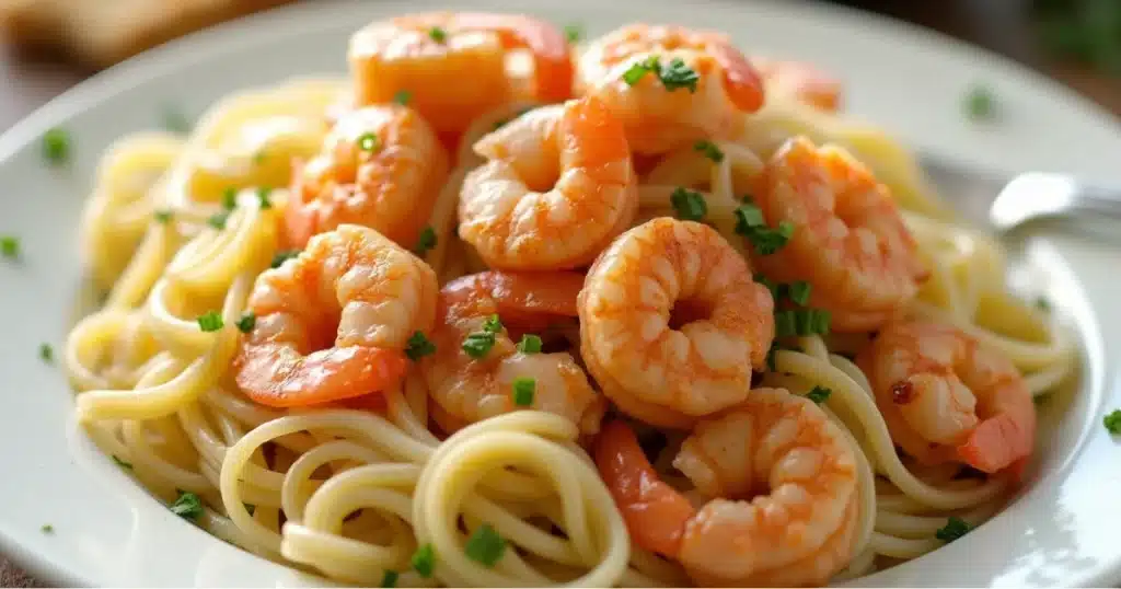 Close-up of Shrimp Scampi Pasta in a creamy garlic butter sauce, topped with fresh parsley and red pepper flakes, served with spaghetti on a white plat 2025