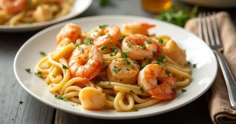 Shrimp Scampi Pasta served in a white bowl, garnished with fresh parsley, featuring juicy shrimp and perfectly cooked spaghetti in a garlic butter sauce