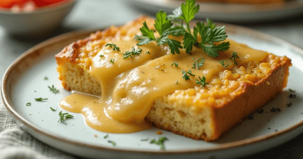 A slice of moist kefir sheet cake topped with creamy golden sauce and fresh parsley, served on a rustic white plate, garnished with fresh herbs