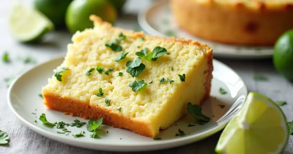 A slice of moist Key Lime Cake topped with creamy frosting, garnished with fresh lime zest, served on a white plate, perfect for any dessert occasion