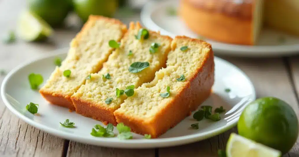 A slice of moist Key Lime Cake topped with creamy frosting, garnished with fresh lime zest, served on a white plate, perfect for any dessert occasion