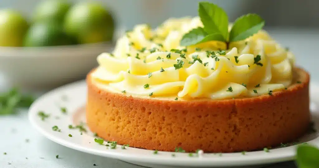 A slice of moist Key Lime Cake topped with creamy frosting, garnished with fresh lime zest, served on a white plate, perfect for any dessert occasion