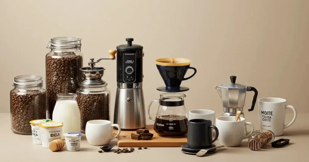 Organized display of American coffee brewing equipment including drip coffee maker, grinder, filters, kettle, measuring spoon, and fresh coffee beans arranged on a white marble countertop.