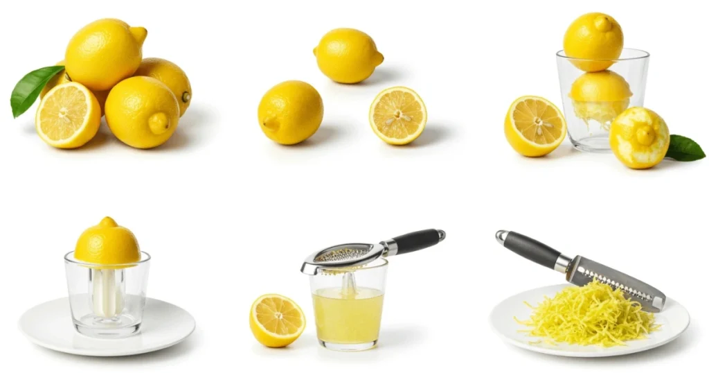 Fresh lemons being selected and prepared, showing quality inspection steps and cutting techniques on a wooden cutting board with kitchen tools