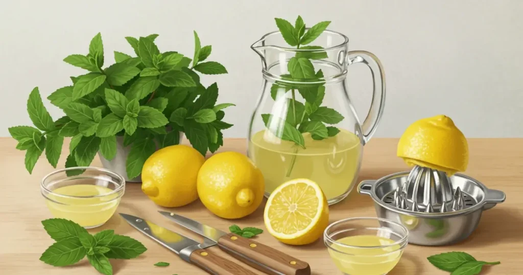 Grid display of glasse showing different mint-infused lemon juice variations, each garnished uniquely with fruits, herbs, and edible flowers