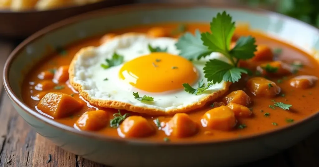 Curry dish with fried egg, vegetables, and rice