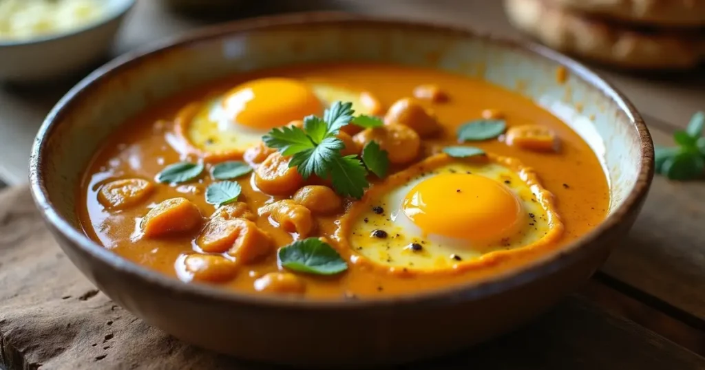 A bowl of aromatic curry with fried eggs, herbs, and rice