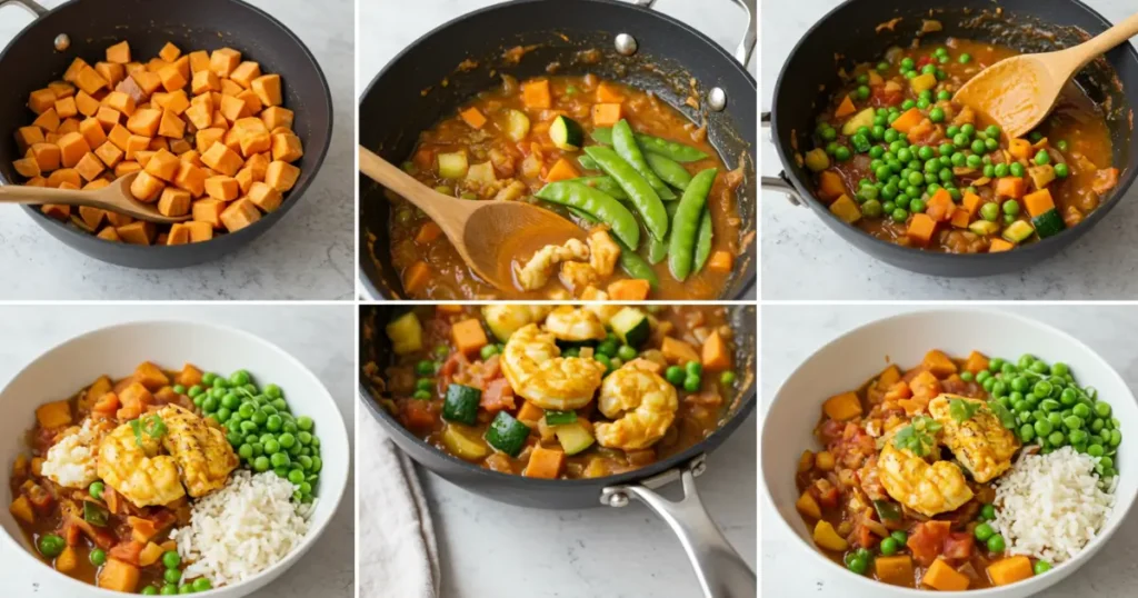 Assortment of images showing the process of making a vegetable curry dish