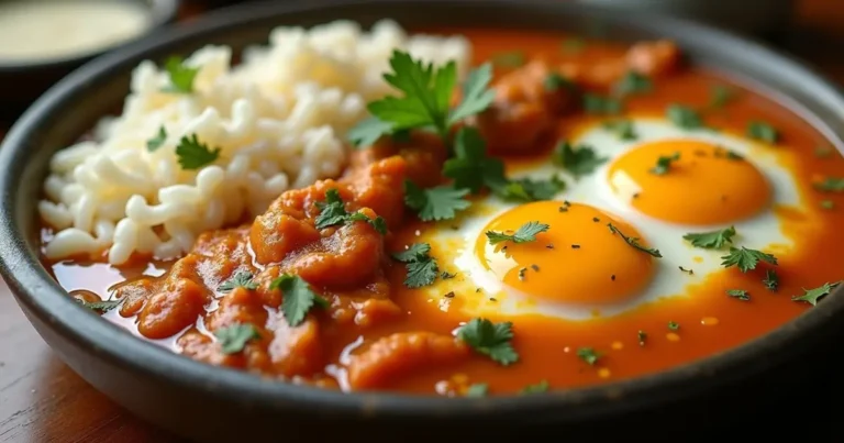 Bowl of spiced curry with fluffy rice and fried eggs