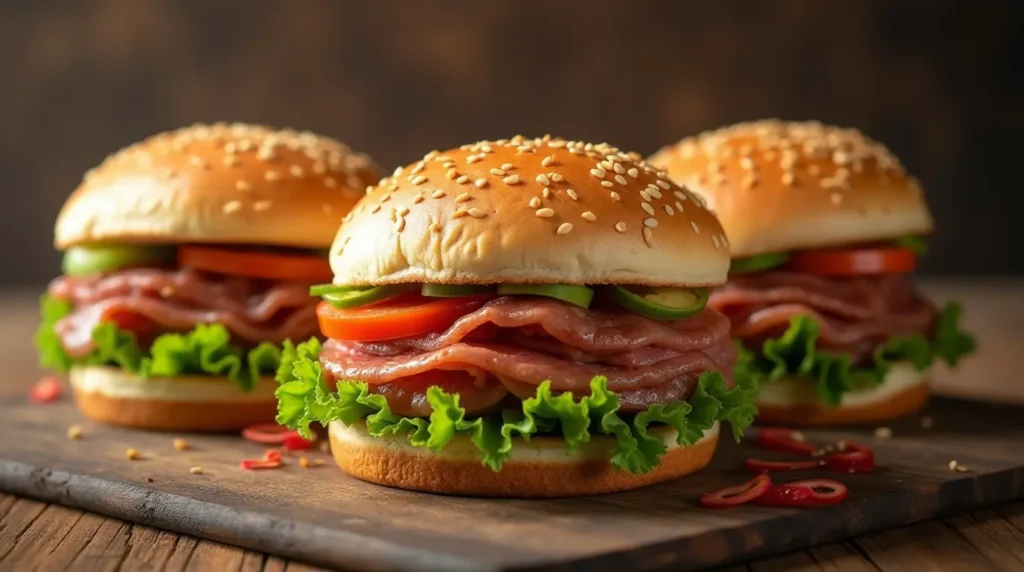 A variety of healthy lunch meat sandwiches with fresh vegetables and whole-grain bread, showcasing different options for various diets