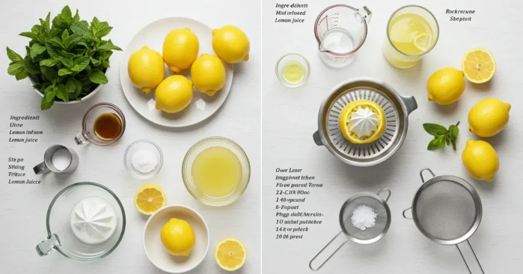 Overhead shot of organized ingredients and equipment for mint-infused lemon juice, including fresh lemons, mint bunches, sugar, measuring cups, juicer, and pitcher arranged on white marble counter