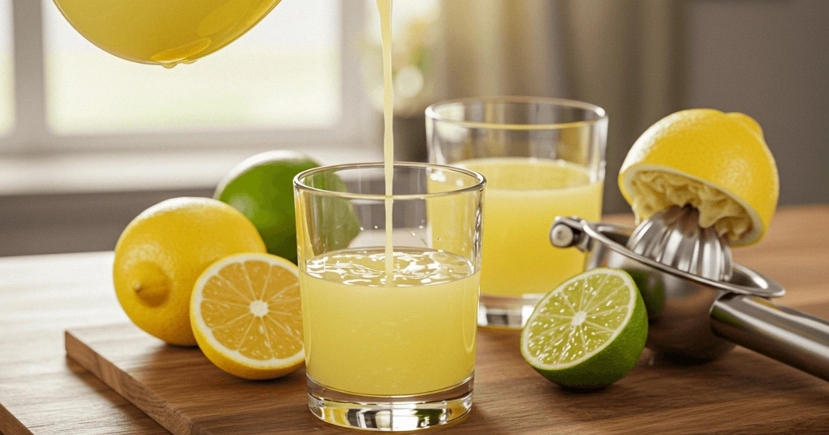 Fresh lemon juice being poured into a clear glass, surrounded by whole lemons and a wooden citrus squeezer on a bright marble countertop with natural lighting