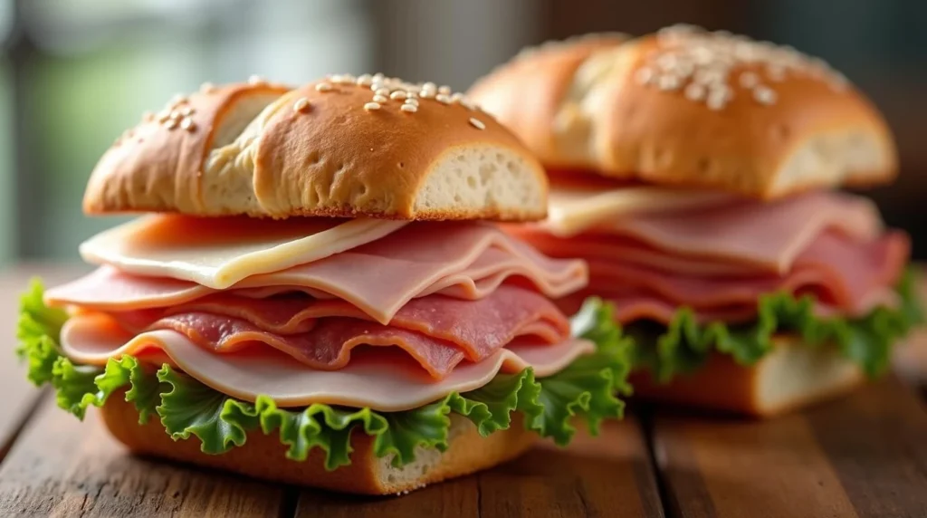 Assorted bread types like ciabatta, baguette, and rye for sandwiches with cold cuts.