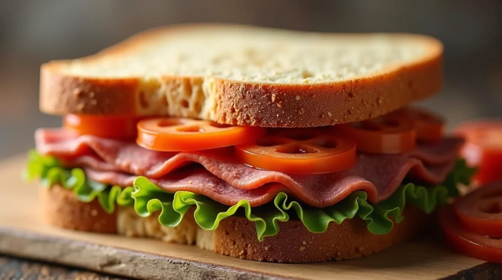 Turkey, avocado, and tomato sandwich on whole wheat bread.