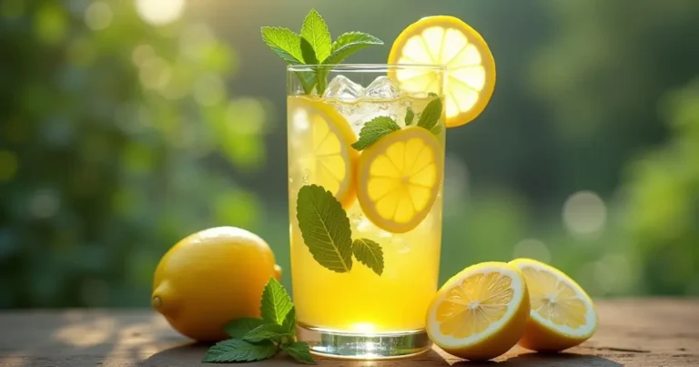 Glass of clear, light yellow mint-infused lemon juice garnished with fresh mint leaves and lemon wheel, served over ice in a tall glass with condensation, alongside fresh lemons and mint sprigs