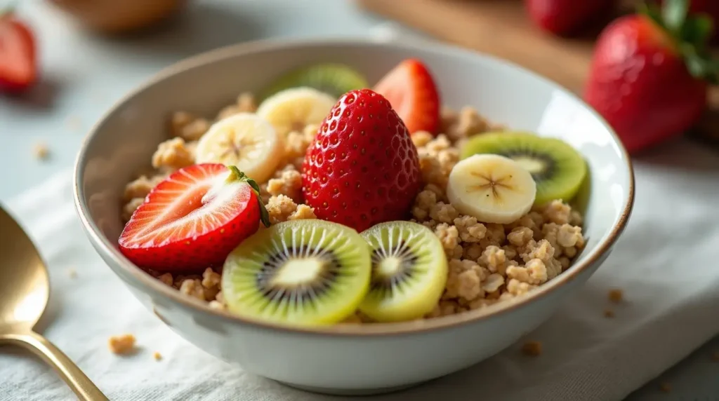 A close-up of a bowl of oatmeal topped with an assortment of sliced fruits, including strawberries, blueberries, and banana, garnished with nuts