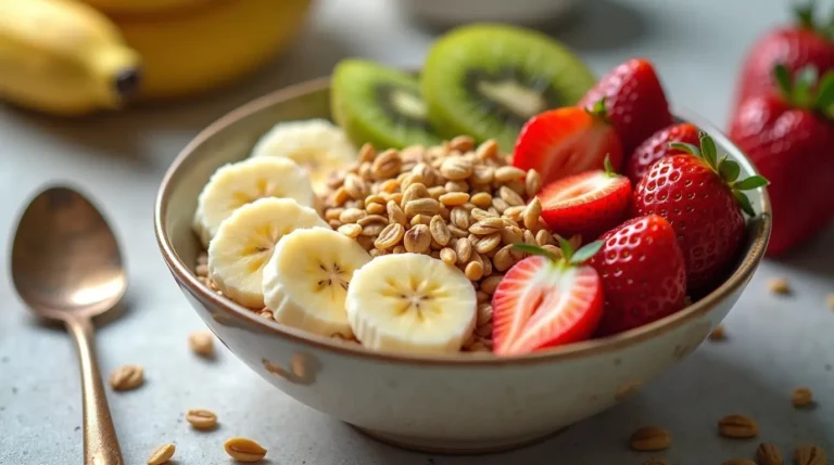 A warm bowl of oatmeal topped with fresh berries, sliced bananas, and a sprinkle of cinnamon, showcasing a delicious and healthy breakfast option