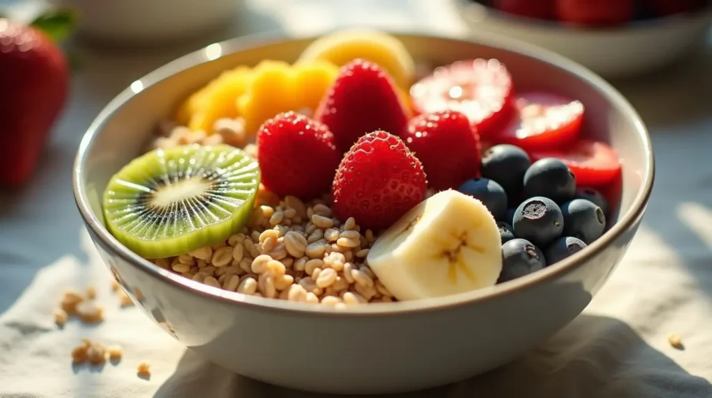 A vibrant bowl of oatmeal topped with fresh strawberries, blueberries, and banana slices, drizzled with honey for a nutritious breakfast