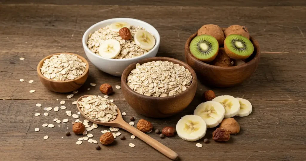 A wooden table displaying bowls of oats, kiwi, banana slices, and nuts, representing a nutritious and wholesome breakfast option 