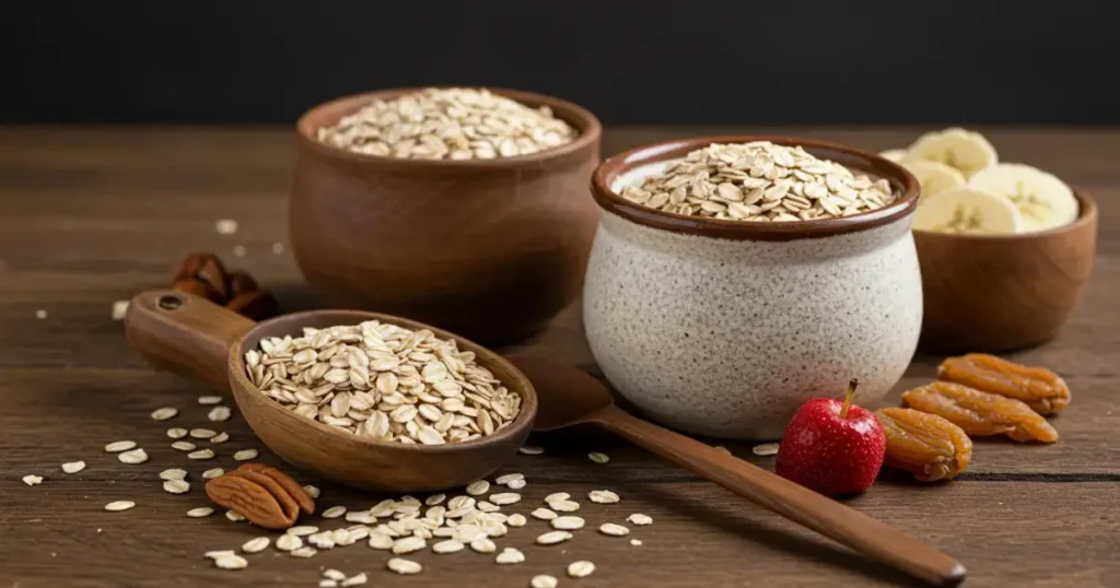 A Collection of bowls and wooden spoon filled with oats, accompanied by dried fruits, pecans, and a small red apple on a wooden table