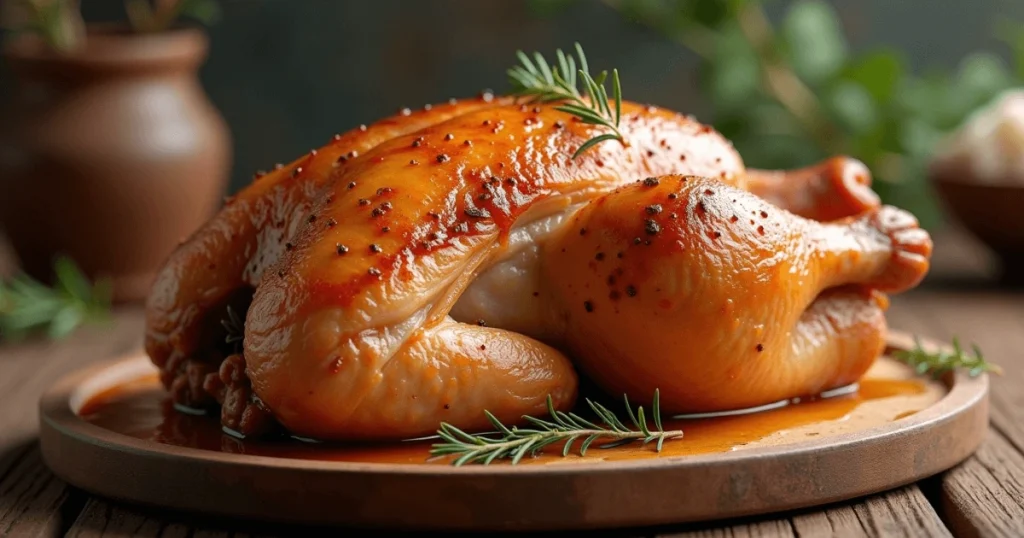 Golden-brown roasted simple chicken brine served on a white plate with herbs 