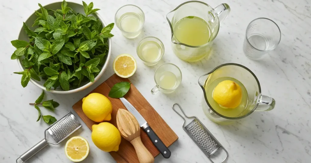 Six-panel collage showing sequential steps of making mint-infused lemon juice, from preparing ingredients to final presentation in a glass