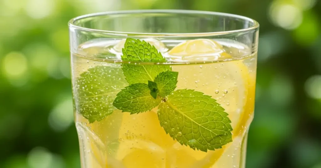 Glass of mint-infused lemon juice with fresh mint leaves, lemon slices, and ice, photographed in natural light