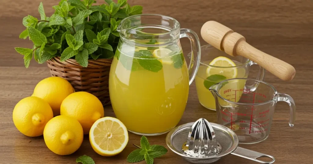 Lifestyle photo of mint-infused lemon juice being poured from a glass pitcher into two ice-filled glasses, surrounded by fresh ingredients and garnishes on a bright wooden table