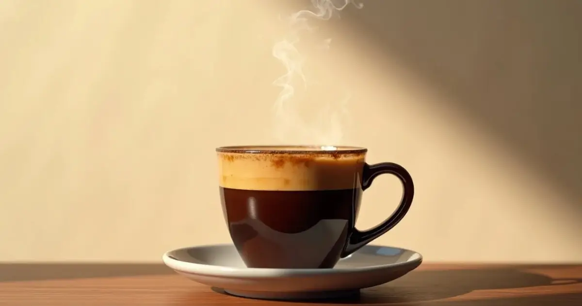 Steaming cup of classic American drip coffee in a white ceramic mug on a wooden table, surrounded by freshly ground coffee beans and a copper gooseneck kettle