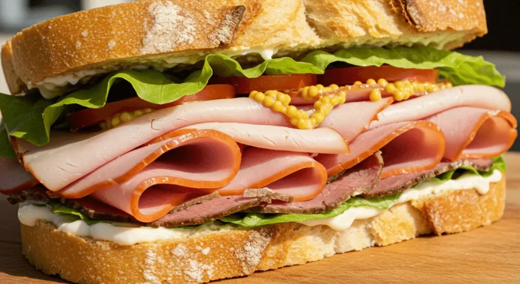 A slice of lunch meat stacked on a piece of bread, showcasing a simple and classic sandwich combination