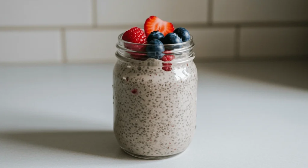 Step-by-step process showing how to make chia seed pudding: mixing ingredients, adding chia seeds, and letting it set overnight