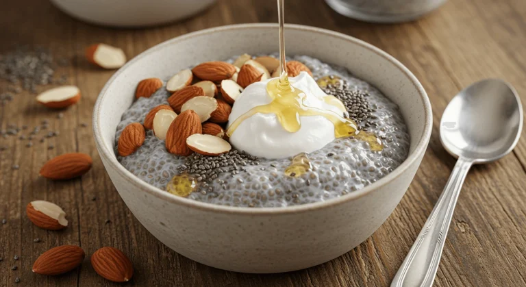 Creamy chia seed pudding topped with fresh berries, granola, and a drizzle of honey in a glass jar.