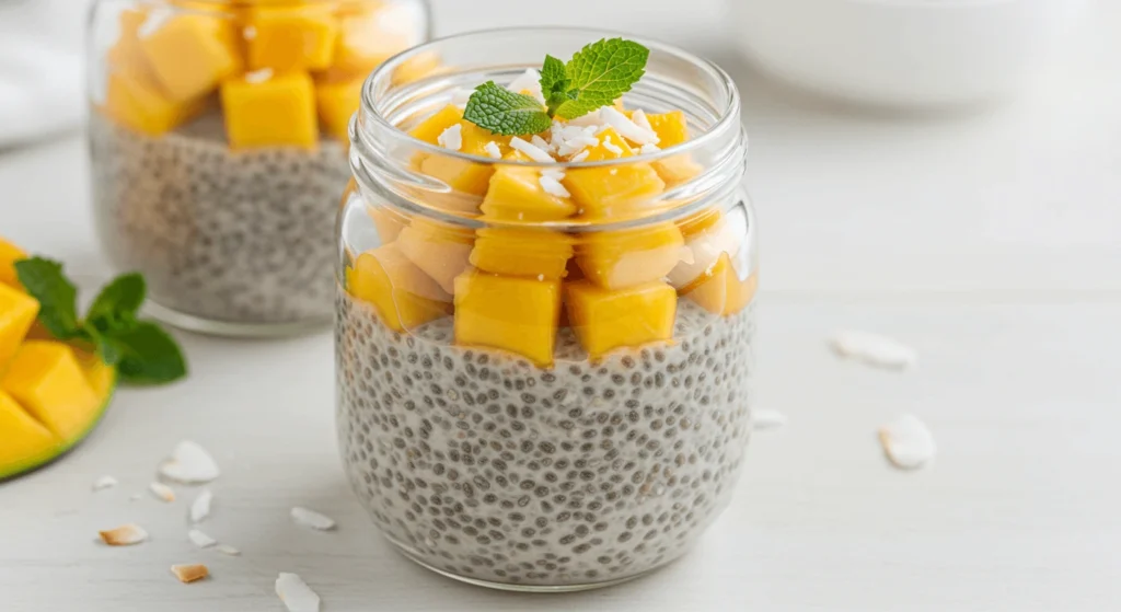 Rich and creamy chia seed pudding in a mason jar, garnished with toasted coconut flakes and dark chocolate chips