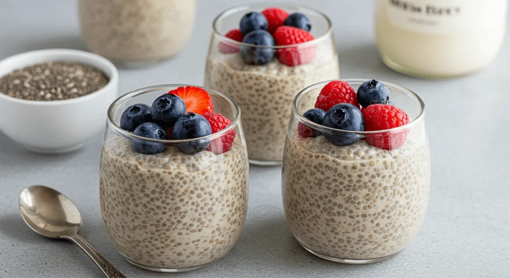 A bowl of chia seed pudding with a swirl of peanut butter and sliced bananas on top