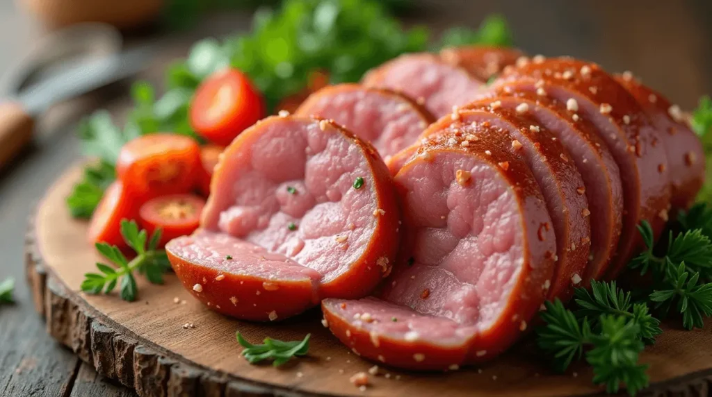 A close-up of sliced lunch meat on a cutting board, showcasing how to use lunch meat in sandwiches, wraps, and meal prep