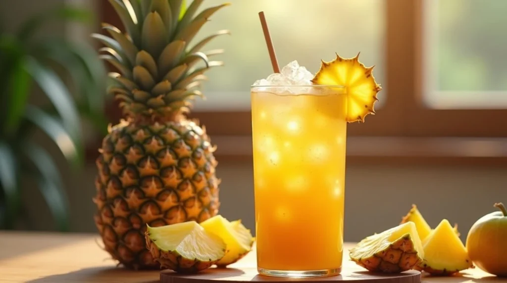 A refreshing glass of homemade pineapple iced tea with a slice of pineapple and a sprig of mint on top, served over ice.