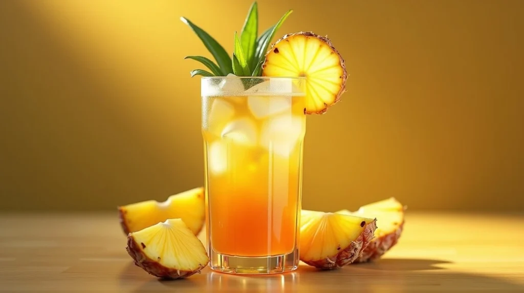 A close-up shot of a refreshing glass of pineapple iced tea with ice, garnished with pineapple slices and mint leaves.