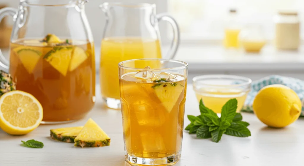 A pitcher of homemade pineapple iced tea served with ice cubes, pineapple slices, and a garnish of mint leaves for extra flavor