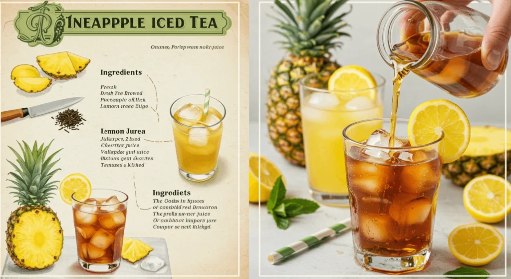 Pineapple iced tea served in a tall glass with a slice of pineapple and a fresh mint leaf, ideal for a sunny afternoon.