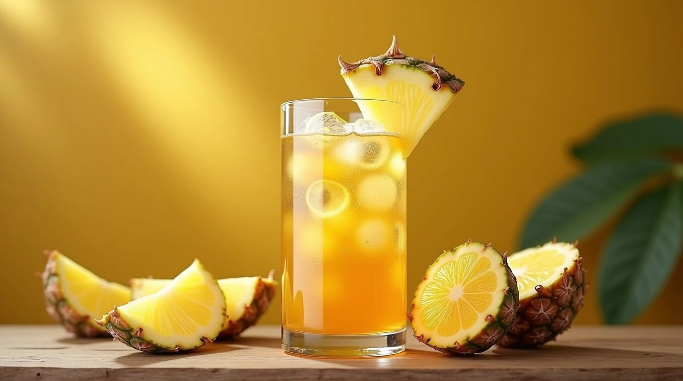 A refreshing glass of pineapple iced tea with a slice of pineapple and a mint garnish, perfect for a cool, summer drink.