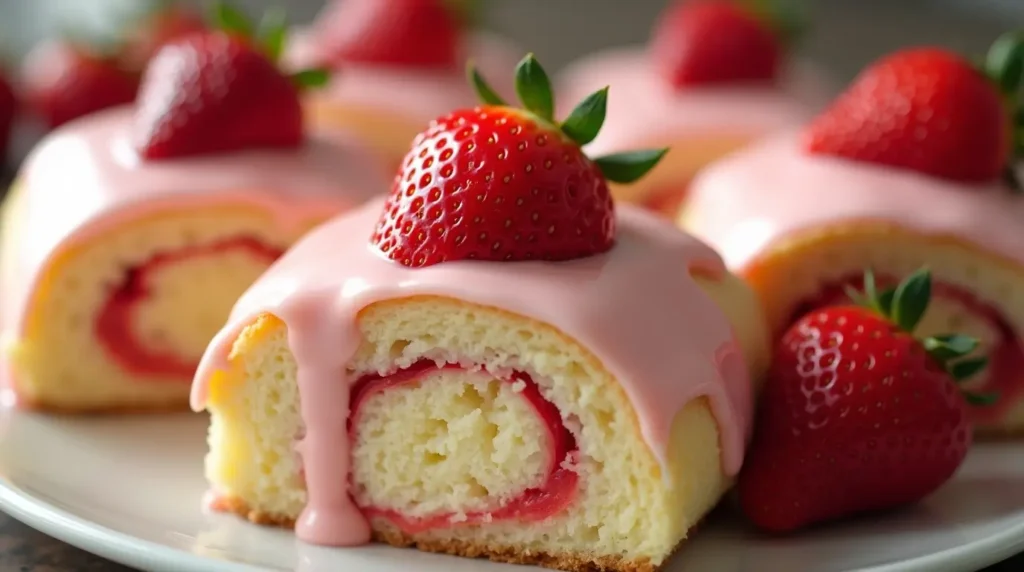 Sweet rolls filled with creaminess and topped with juicy strawberries, showcasing the irresistible Strawberry Cheesecake Sweet Rolls.