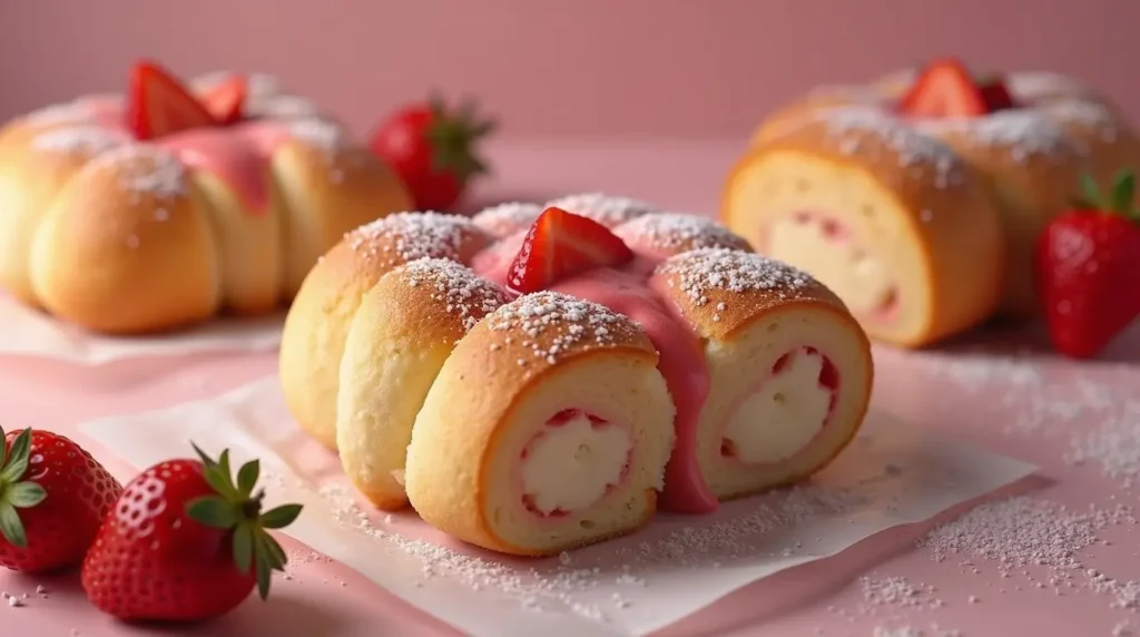 A close-up of warm, golden sweet rolls layered with creamy cheesecake frosting and garnished with ripe strawberries.