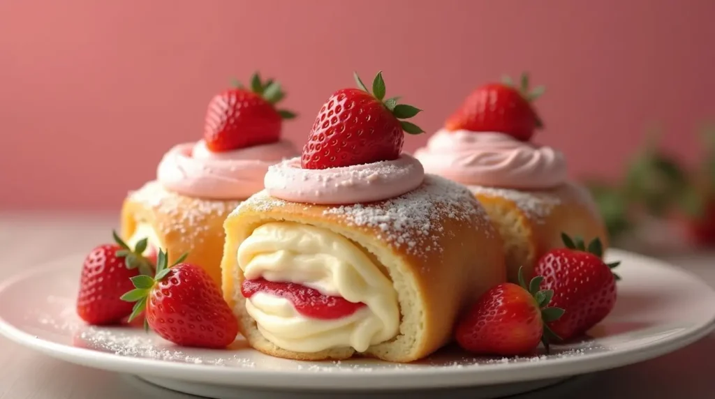 Fluffy Strawberry Cheesecake Sweet Rolls drizzled with cheesecake frosting and adorned with fresh strawberry halves.