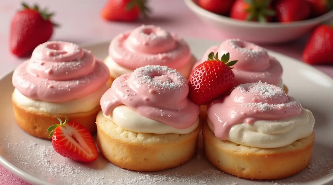 Delicious Strawberry Cheesecake Sweet Rolls with a creamy topping and fresh strawberry slices, arranged on a plate with a dusting of powdered sugar.