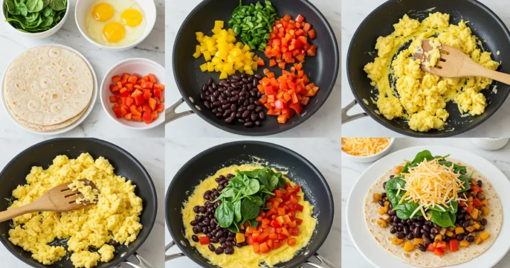 A healthy breakfast burrito filled with scrambled eggs, sautéed vegetables, black beans, and avocado, all wrapped in a whole wheat tortilla